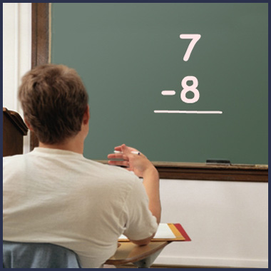 Confused student looking at blackboard