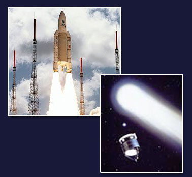 Photos of Giotto craft, and Ariane rocket launch