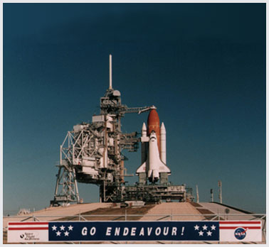 Space Shuttle Endeavor on the launch pad.