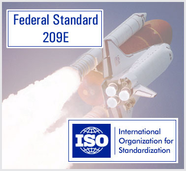 Space Shuttle launch with labels for Federal Standard 209E and International Organization for Standardization.