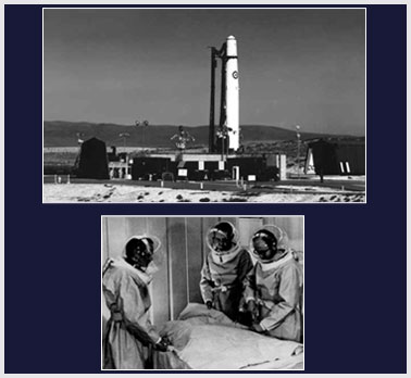 Photos of early launch pad and workers in pressure suits.