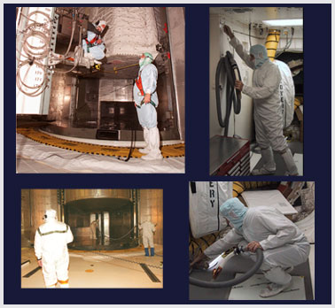 Photos of modern day cleanrooms and workers in bunny suits.