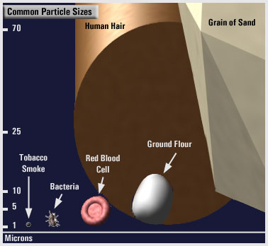 Scale showing sizes of particles from human hair at 70 microns , a red blood cell at 8 microns, to tobacco smoke at 2 microns.