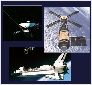 Photo montage of the space shuttle and two satellites in orbit.