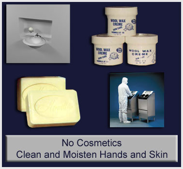 Montage with caption No Cosmetics, Clean and moisten hands and skin. 