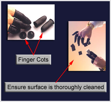 Photos of finger cots, stressing to ersure that the surface is thoroughly cleaned.