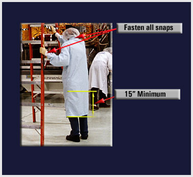 Worker in smock showing  snaps at wrist and 15 inch minimum length below the work surface.