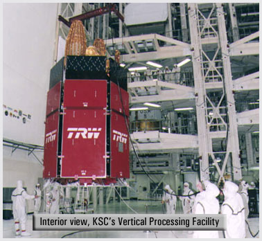 Interior view of the VPF showing suited workers lifting a satellite.