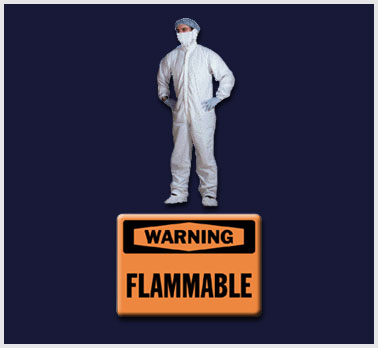 Picture of a bunny suit with a note that they are flammable.