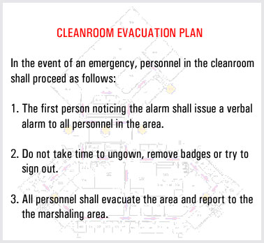 Evacuation Plan - 1 - the first person noticing the alarm should verbally warn others, 2 - do not take time to ungown, remove badges or sign out, 3 - all personnel shall evacuate and report to the marshaling area.