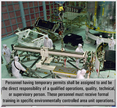 Photo of workers with caption which states that all temporary visitors to cleanrooms should be escorted by qualified personnel.