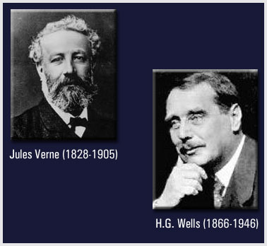 Photo labeled Jules Verne (1828-1905) and Photo labeled H.G. Wells (1866-1946